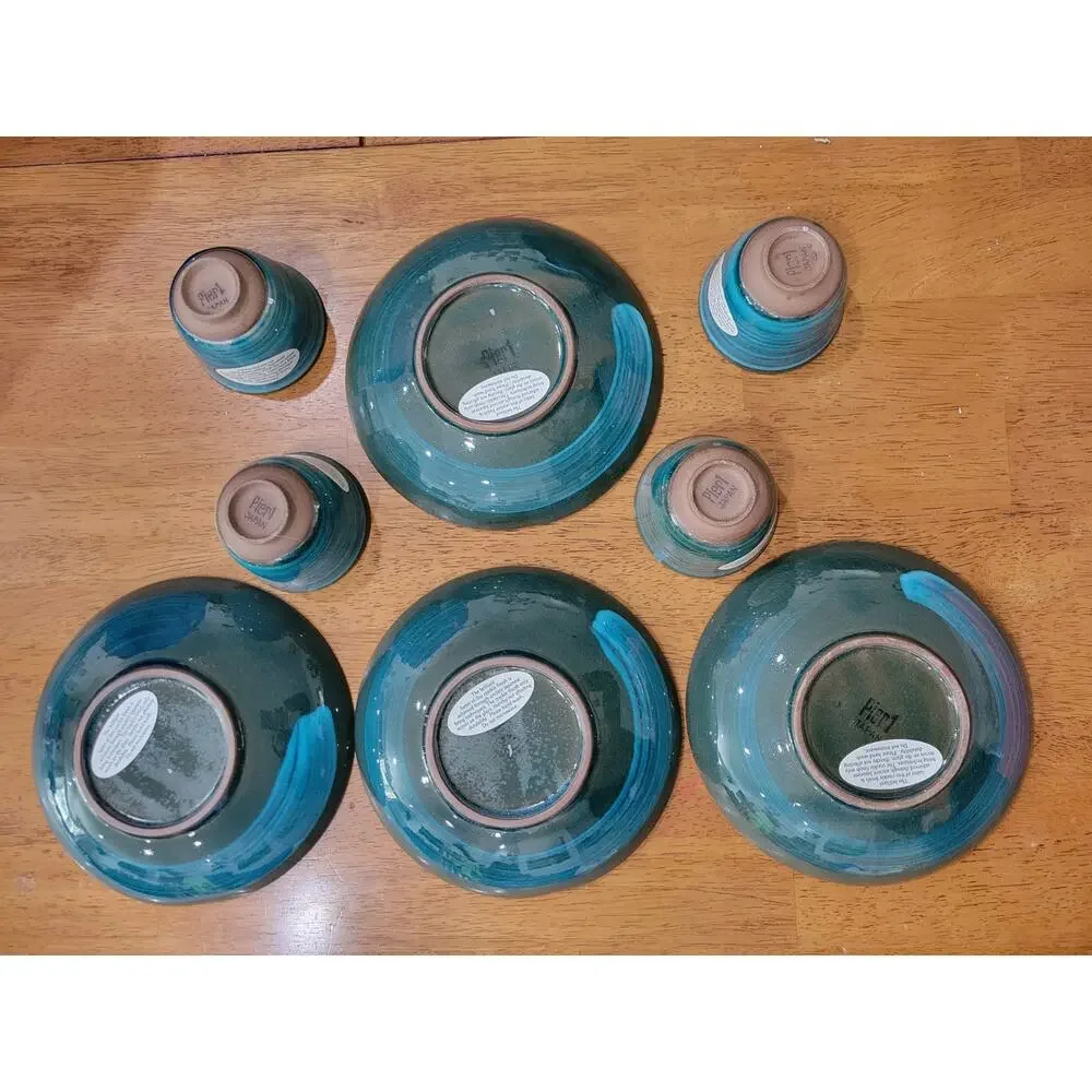 Pier 1 Japan‎ Pottery Dish Set Blue Crackle Glaze Plates Cups 4pc Set